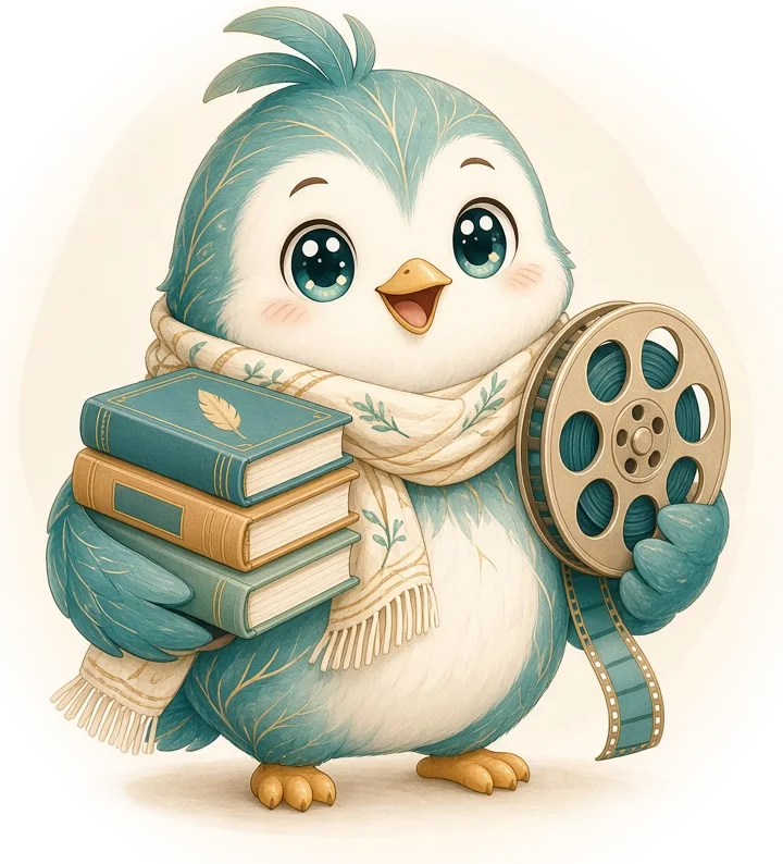 Aaru's mascot, a small teal bird carrying a stack of books and a film reel